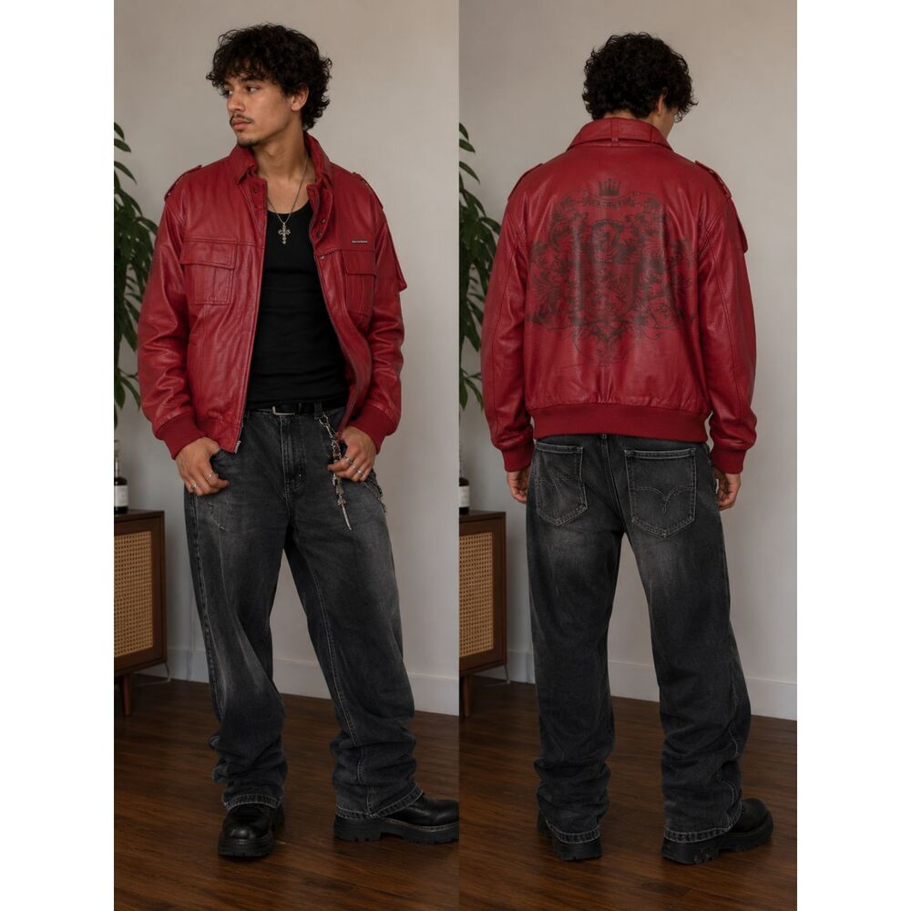 Live Mechanics Vintage Y2K Perforated Red Leather Bomber Jacket Crest Crown 3XL